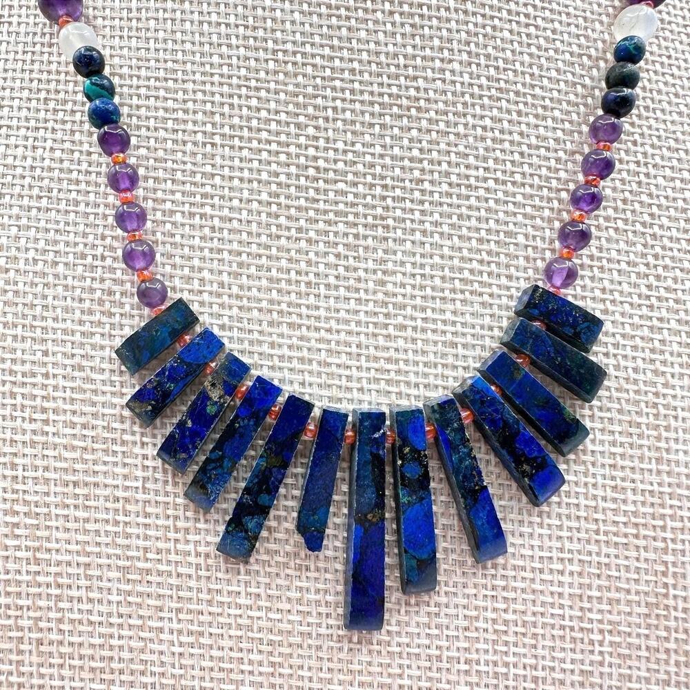 Vintage Blue Goldstone Necklace Bar Stick Fringe Bib Strand Purple Beaded Boho